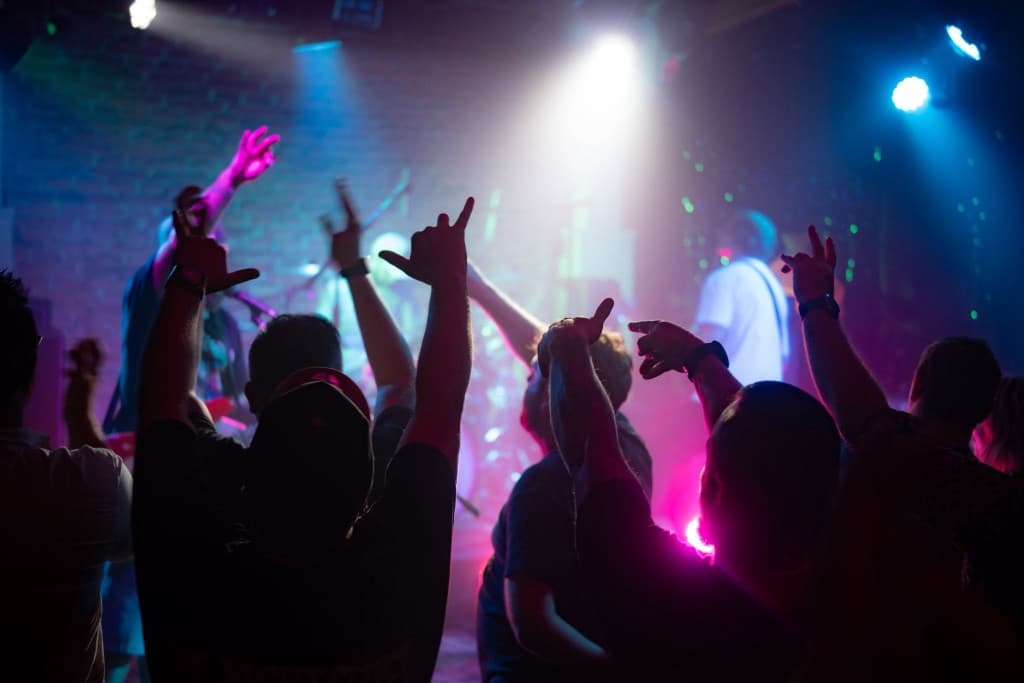 Concert crowd with hands raised under pink and blue stage lights